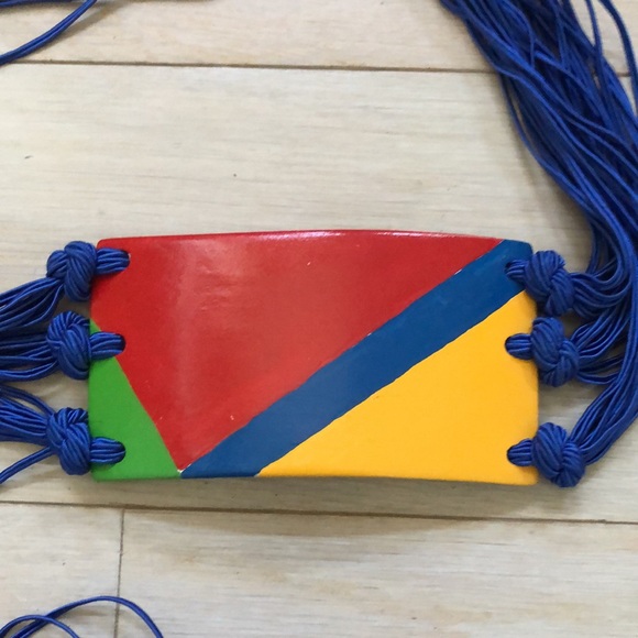 Blue cord wrap belt with multi color ceramic front; multi tie ends. - Picture 2 of 11